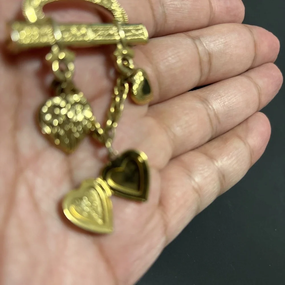 1928 Jewelry Co Gold-Tone Triple Heart Dangle Chatelaine-Style Bar Brooch Locket